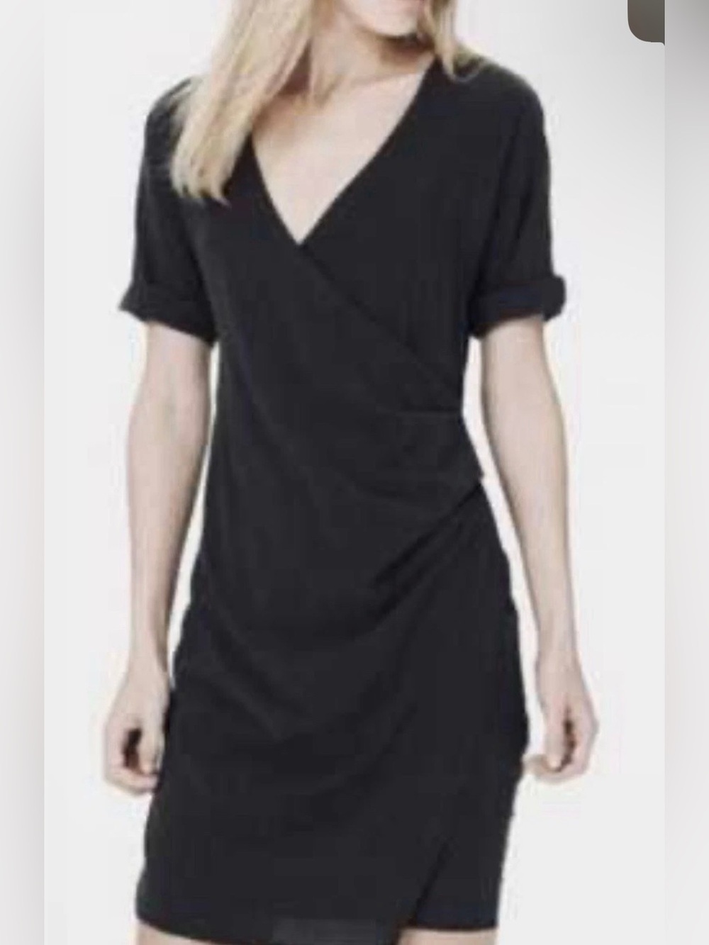 James Perse Women’s Black Draped Faux Wrap Short Sleeve Dress Size 2/Medium